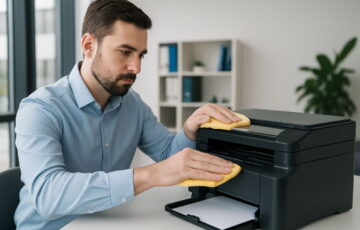 Mann reinigt Drucker im Büro mit einem Tuch