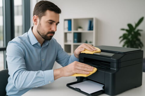 Mann reinigt Drucker im Büro mit einem Tuch