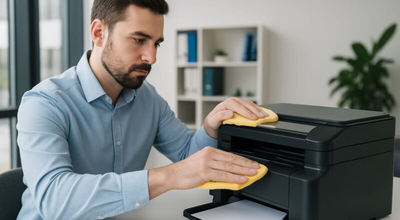 Mann reinigt Drucker im Büro mit einem Tuch