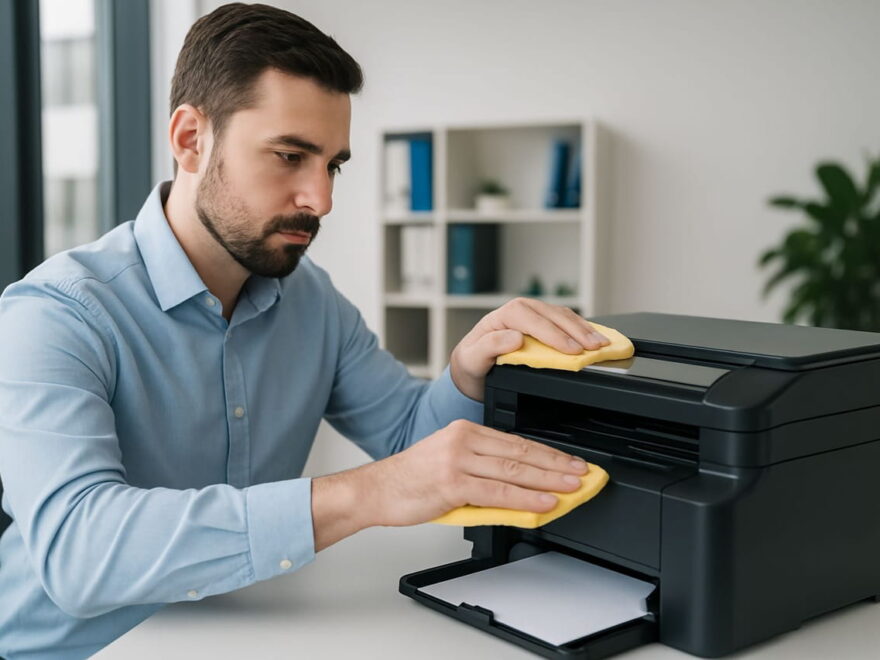drucker reinigen Mann reinigt Drucker im Büro mit einem Tuch