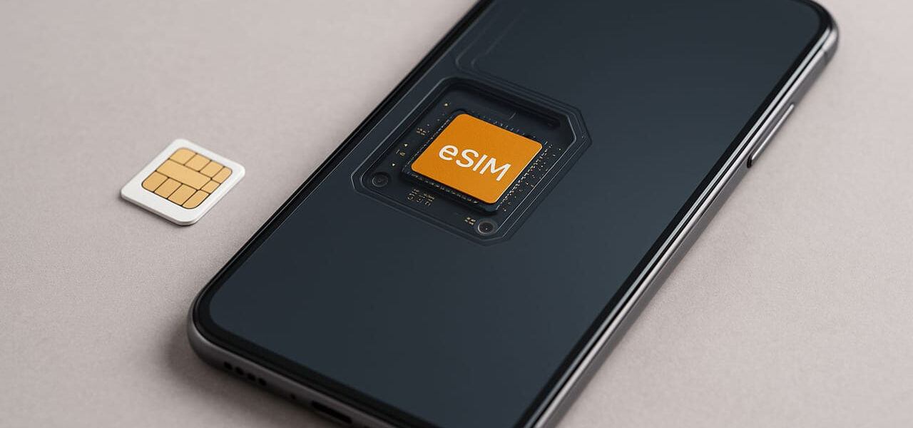 Smartphone mit eingebauter eSIM neben klassischer SIM-Karte