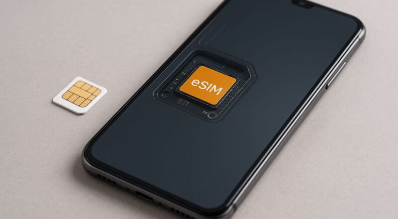 Smartphone mit eingebauter eSIM neben klassischer SIM-Karte