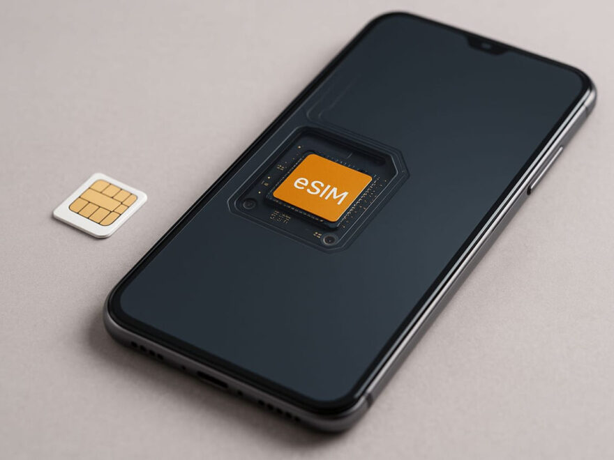 Smartphone mit eingebauter eSIM neben klassischer SIM-Karte