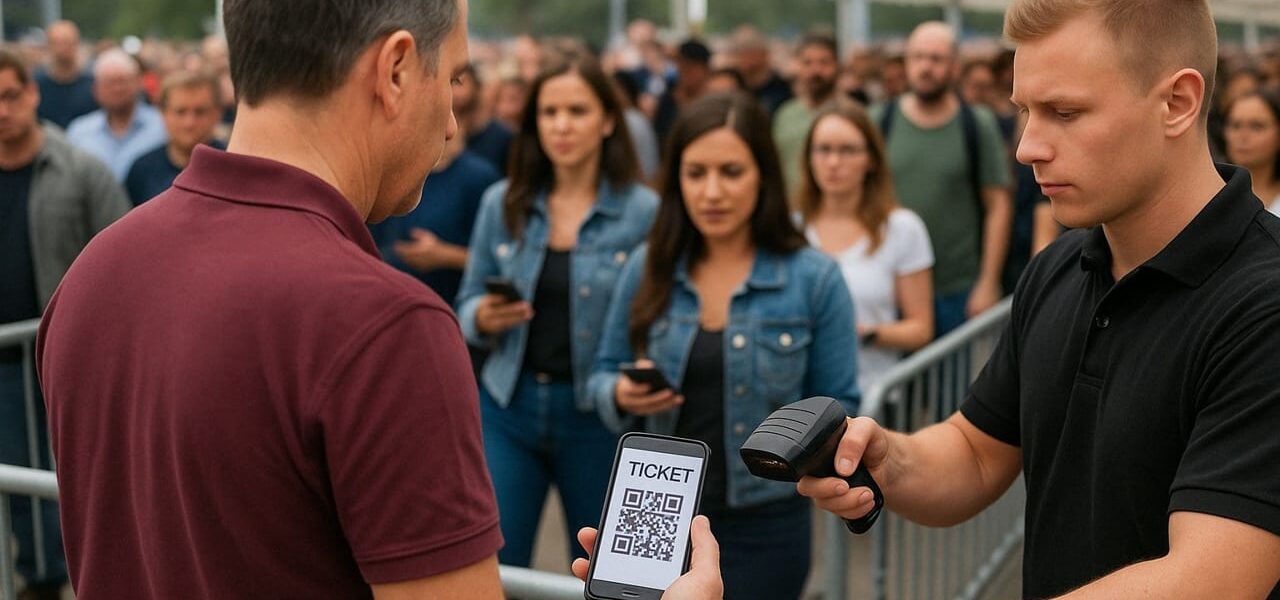 Besucher scannt digitales Ticket beim Einlass zu Großveranstaltung