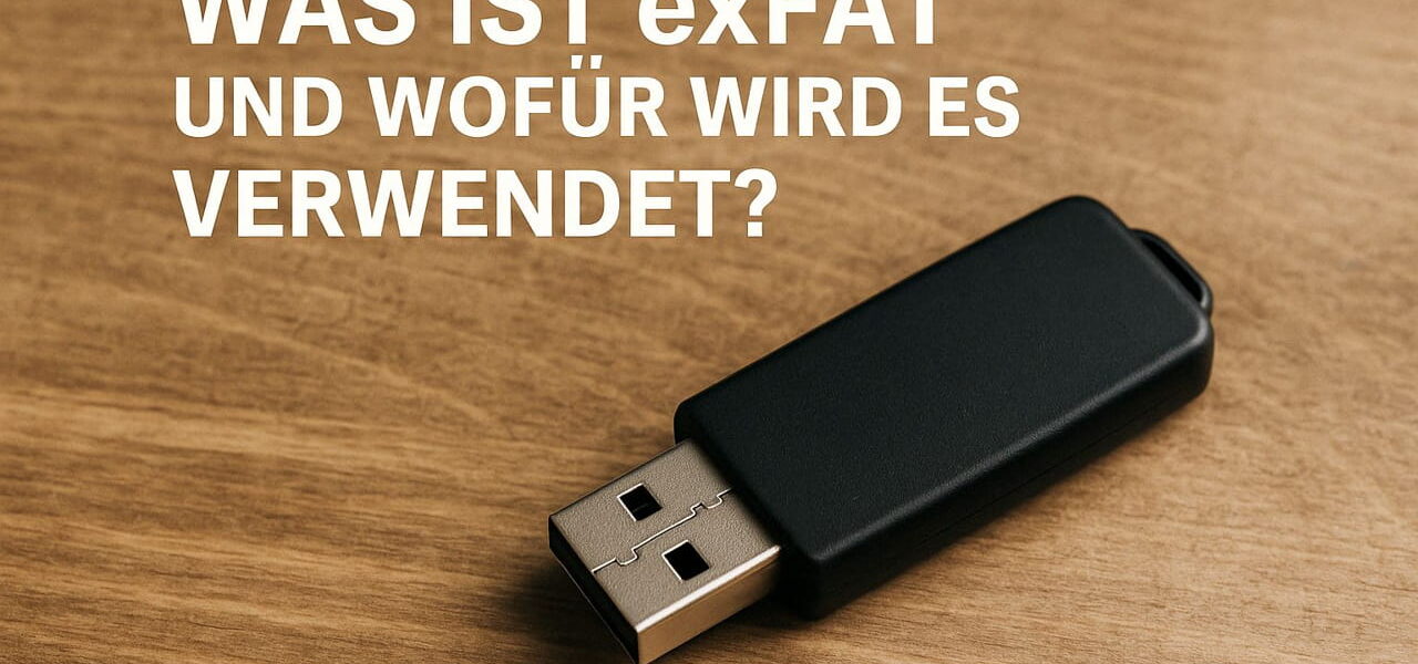 USB-Stick auf Holz mit Text: Was ist exFAT und wofür wird es verwendet