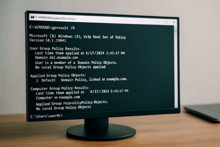 Eingabeaufforderung mit GPRESULT-Ausgabe zur Anzeige von Gruppenrichtlinien unter Windows