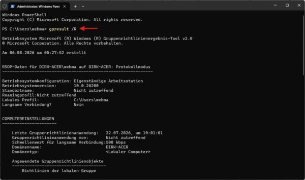 gpresult /R zeigt Computer- und Benutzereinstellungen Ausgabe des Befehls gpresult /R in der Eingabeaufforderung mit den Computereinstellungen
