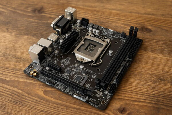 ITX-Mainboard auf Holzoberfläche mit CPU-Sockel und Anschlüssen