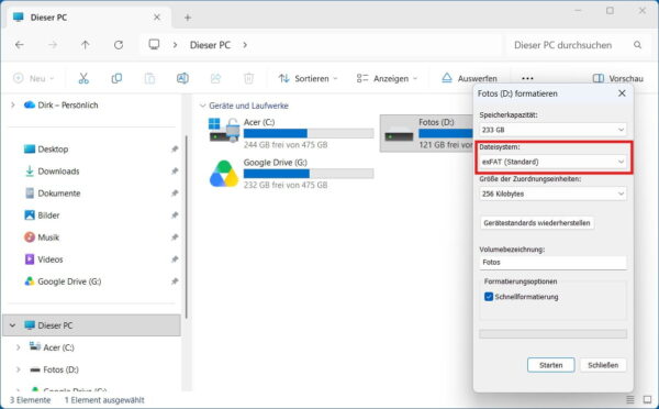 Windows-Laufwerk mit exFAT oder NTFS formatieren