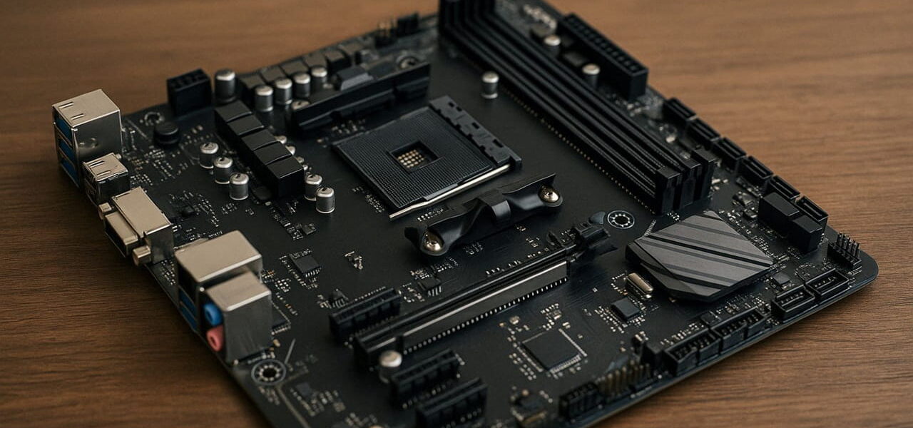 ATX-Mainboard mit sichtbaren Anschlüssen und Komponenten auf Holzuntergrund