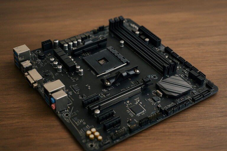 ATX-Mainboard mit sichtbaren Anschlüssen und Komponenten auf Holzuntergrund