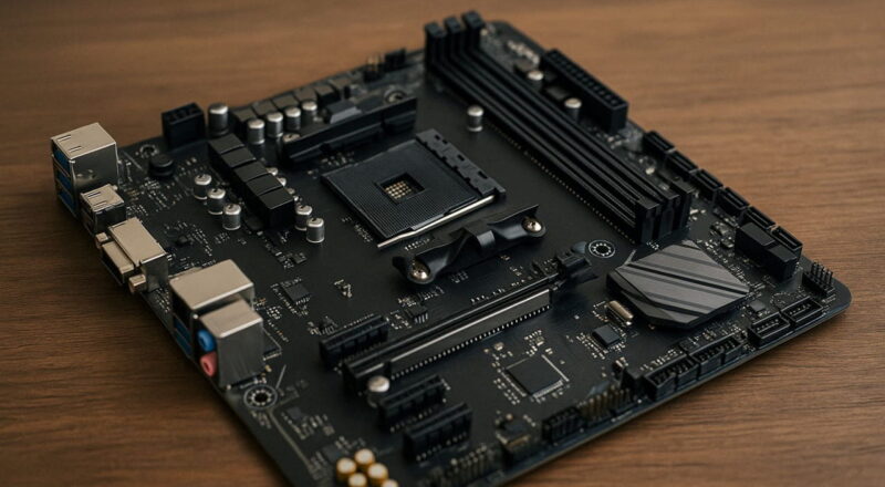ATX-Mainboard mit sichtbaren Anschlüssen und Komponenten auf Holzuntergrund
