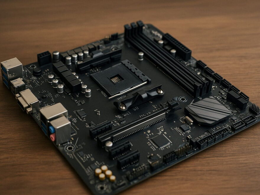 ATX-Mainboard mit sichtbaren Anschlüssen und Komponenten auf Holzuntergrund