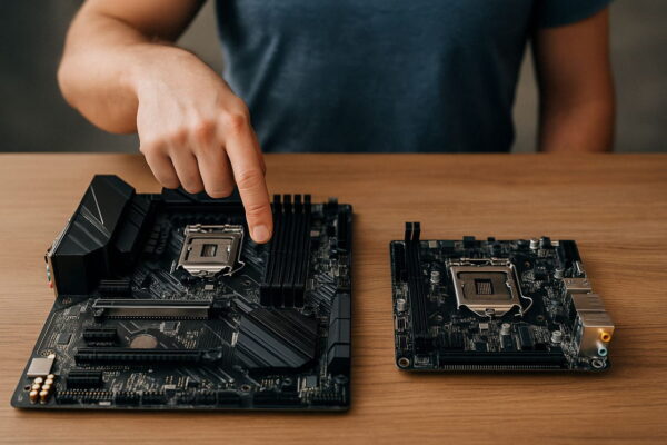 Hand zeigt auf ATX-Mainboard neben kleinem ITX-Mainboard auf Holzoberfläche - Mainboard-Größen im Vergleich