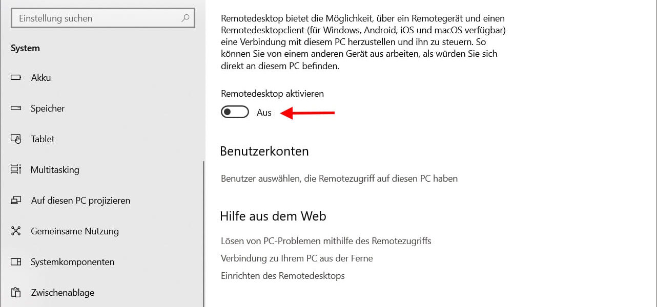 Remotedesktopverbindung in Windows 10 aktivieren