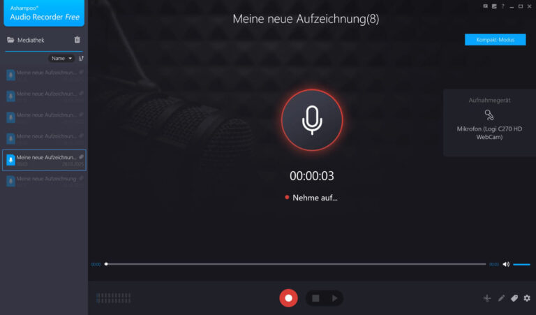 Screenshot Ashampoo Audio Recorder Free bei laufender Aufnahme