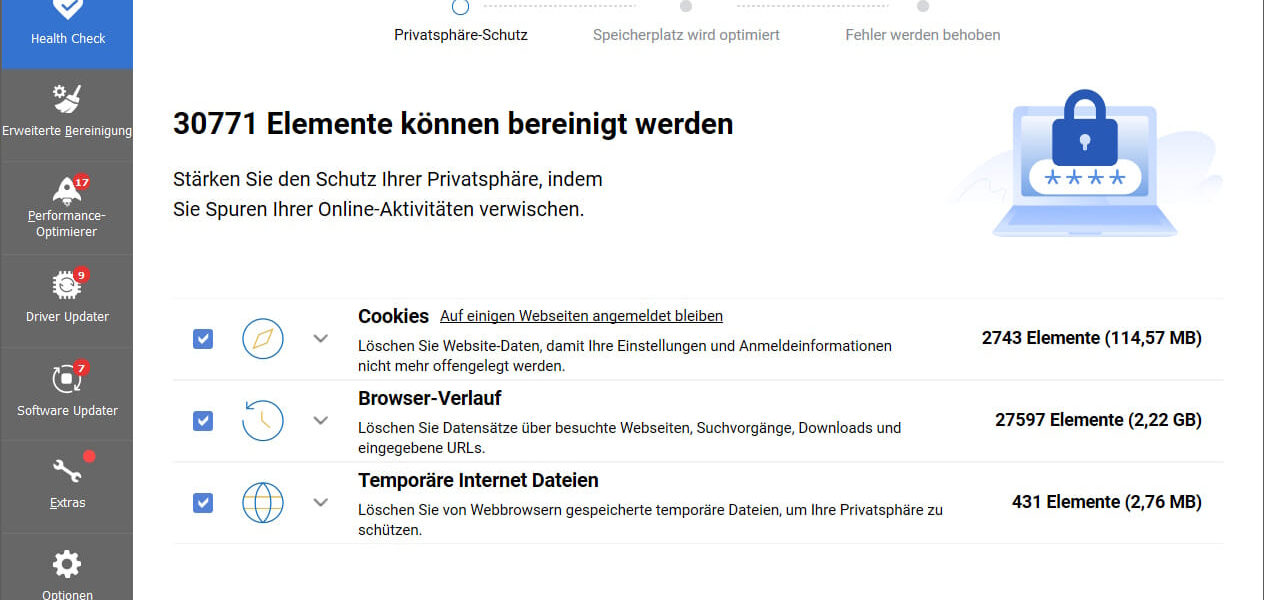 CCleaner Startseite mit Health Check, Anzeige bereinigbarer Elemente und Optionen für Cookies, Browser-Verlauf und temporäre Dateien