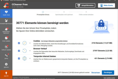 CCleaner Startseite mit Health Check, Anzeige bereinigbarer Elemente und Optionen für Cookies, Browser-Verlauf und temporäre Dateien