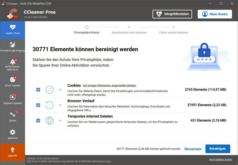 CCleaner Startseite mit Health Check, Anzeige bereinigbarer Elemente und Optionen für Cookies, Browser-Verlauf und temporäre Dateien