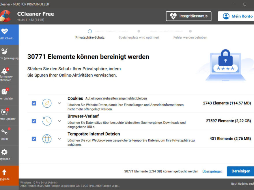 CCleaner Startseite mit Health Check, Anzeige bereinigbarer Elemente und Optionen für Cookies, Browser-Verlauf und temporäre Dateien