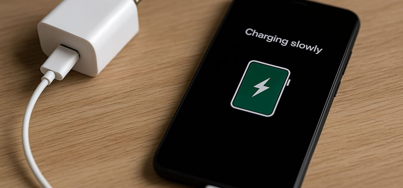 Smartphone lädt langsam – USB-C-Kabel und Ladegerät auf Holzoberfläche