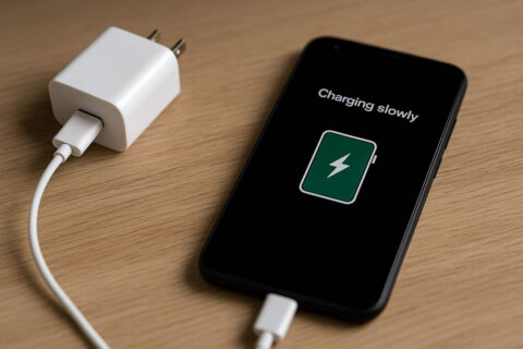 Smartphone lädt langsam – USB-C-Kabel und Ladegerät auf Holzoberfläche