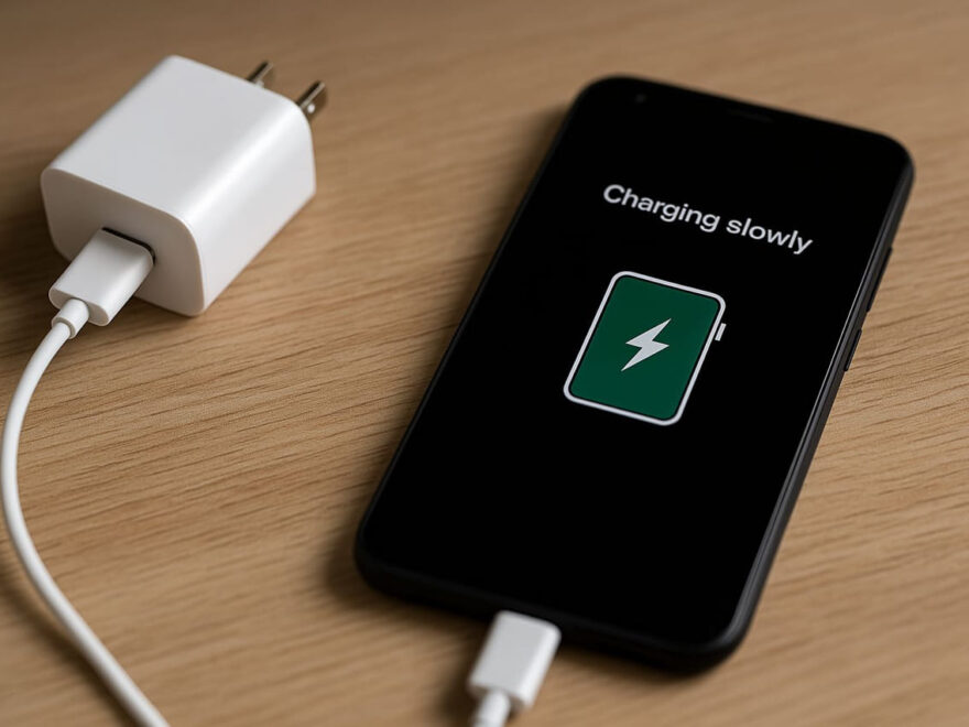 Smartphone lädt langsam – USB-C-Kabel und Ladegerät auf Holzoberfläche