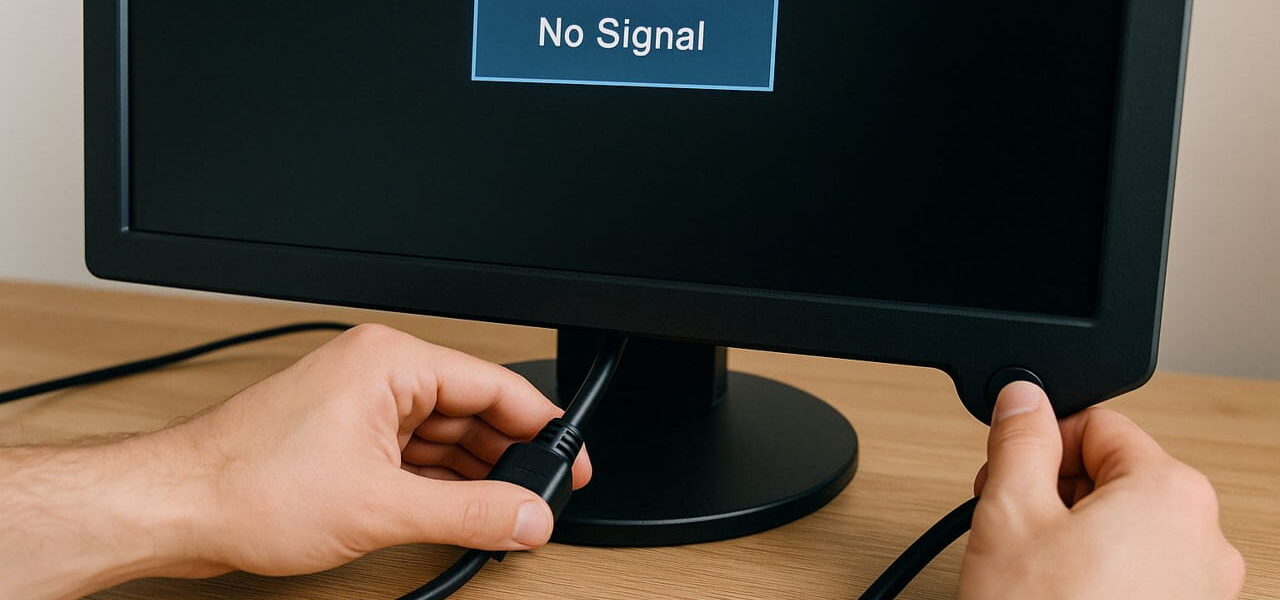 Person prüft Stromkabel und Power-Taste am Monitor mit „No Signal“-Anzeige