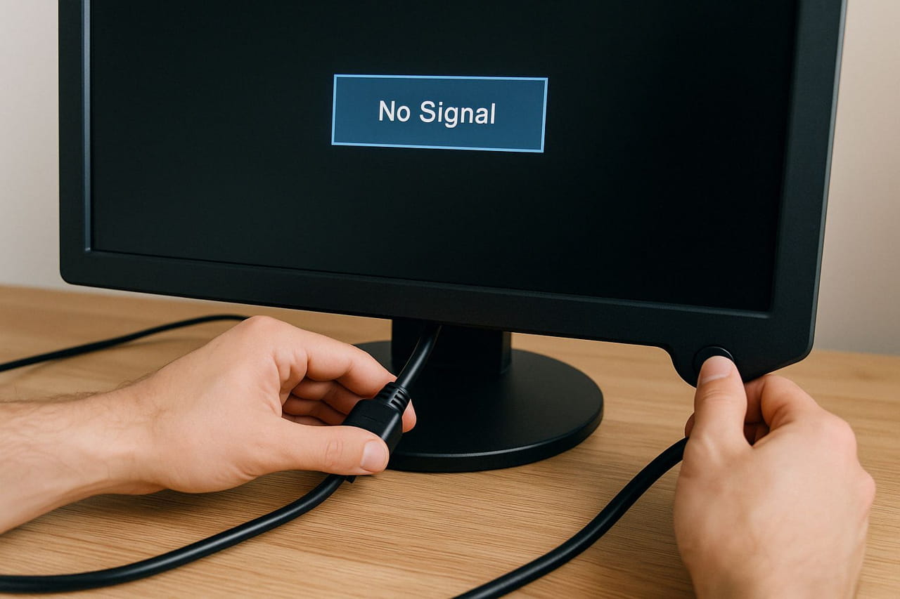 Person prüft Stromkabel und Power-Taste am Monitor mit „No Signal“-Anzeige