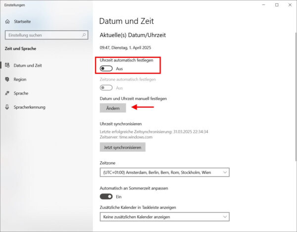 So kannst du unter Windows die Systemzeit manuell einstellen Windows Systemzeit einstellen über die Einstellungen – Uhrzeit manuell festlegen