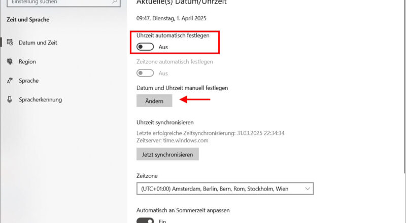 Windows Systemzeit einstellen über die Einstellungen – Uhrzeit manuell festlegen