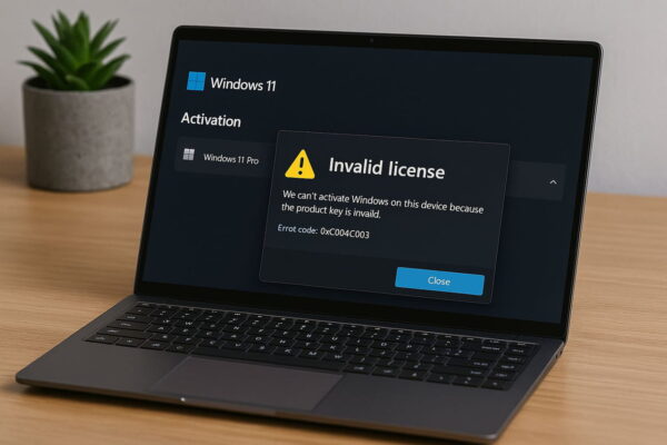 Ungültige Windows 11 Lizenz: So erkennst du Risiken und Fälschungen Warnhinweis auf Laptopbildschirm beim Versuch, eine ungültige Windows 11 Lizenz zu aktivieren