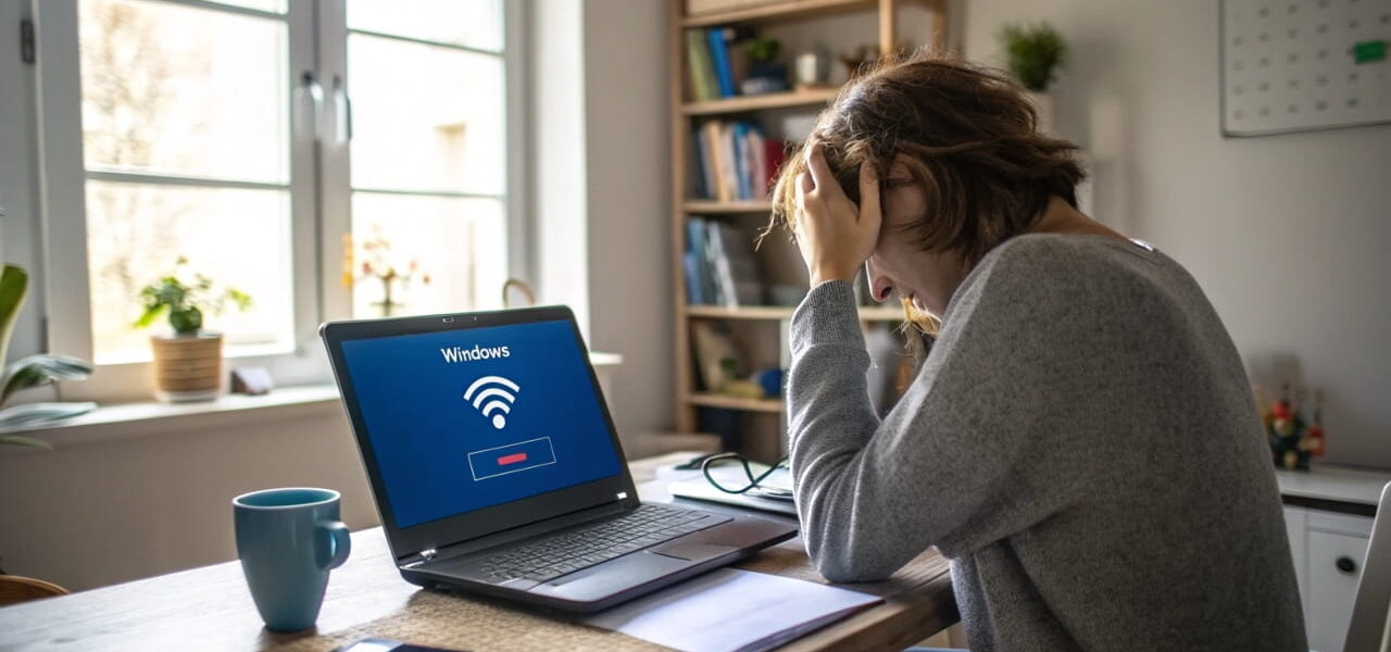 WLAN funktioniert nicht unter Windows – Nutzer prüft Netzwerkverbindung am Laptop mit sichtbarer Fehlermeldung im Heimnetzwerk