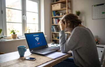 WLAN funktioniert nicht unter Windows – Nutzer prüft Netzwerkverbindung am Laptop mit sichtbarer Fehlermeldung im Heimnetzwerk