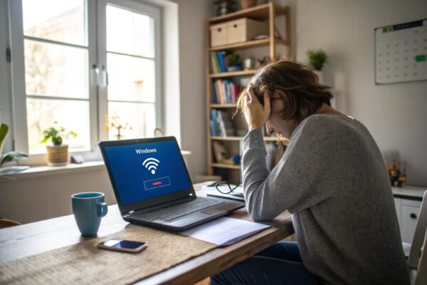 WLAN funktioniert nicht unter Windows – Nutzer prüft Netzwerkverbindung am Laptop mit sichtbarer Fehlermeldung im Heimnetzwerk
