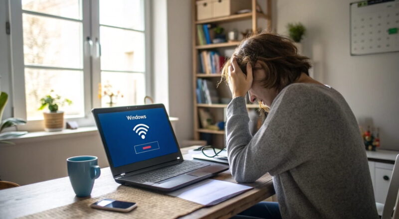 WLAN funktioniert nicht unter Windows – Nutzer prüft Netzwerkverbindung am Laptop mit sichtbarer Fehlermeldung im Heimnetzwerk
