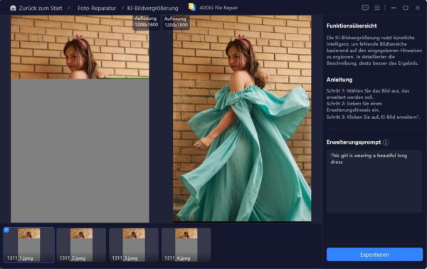 Vorher-Nachher-Vergleich der KI-Bilderweiterung in 4DDiG Vergleich von Originalbild und erweitertem Bild mit 4DDiG KI-Bildvergrößerung