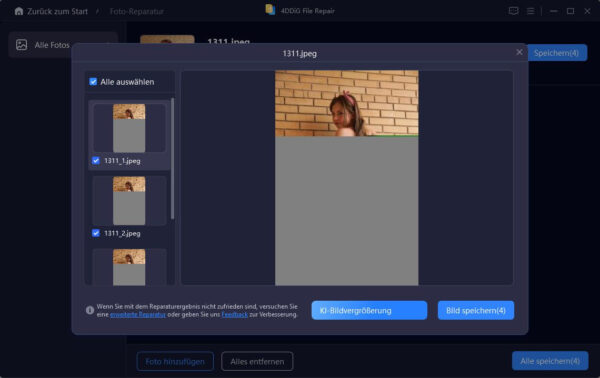 KI-Bildvergrößerung in 4DDiG vorbereiten und Bild auswählen Auswahl eines beschädigten Bildes zur KI-Bildvergrößerung mit 4DDiG