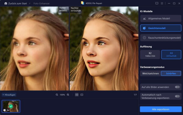 4DDiG Photo Enhancer verbessert Porträt mit KI-Modell sichtbar Vorher-Nachher-Vergleich eines Gesichts mit 4DDiG Photo Enhancer – KI-gestützte Bildverbesserung