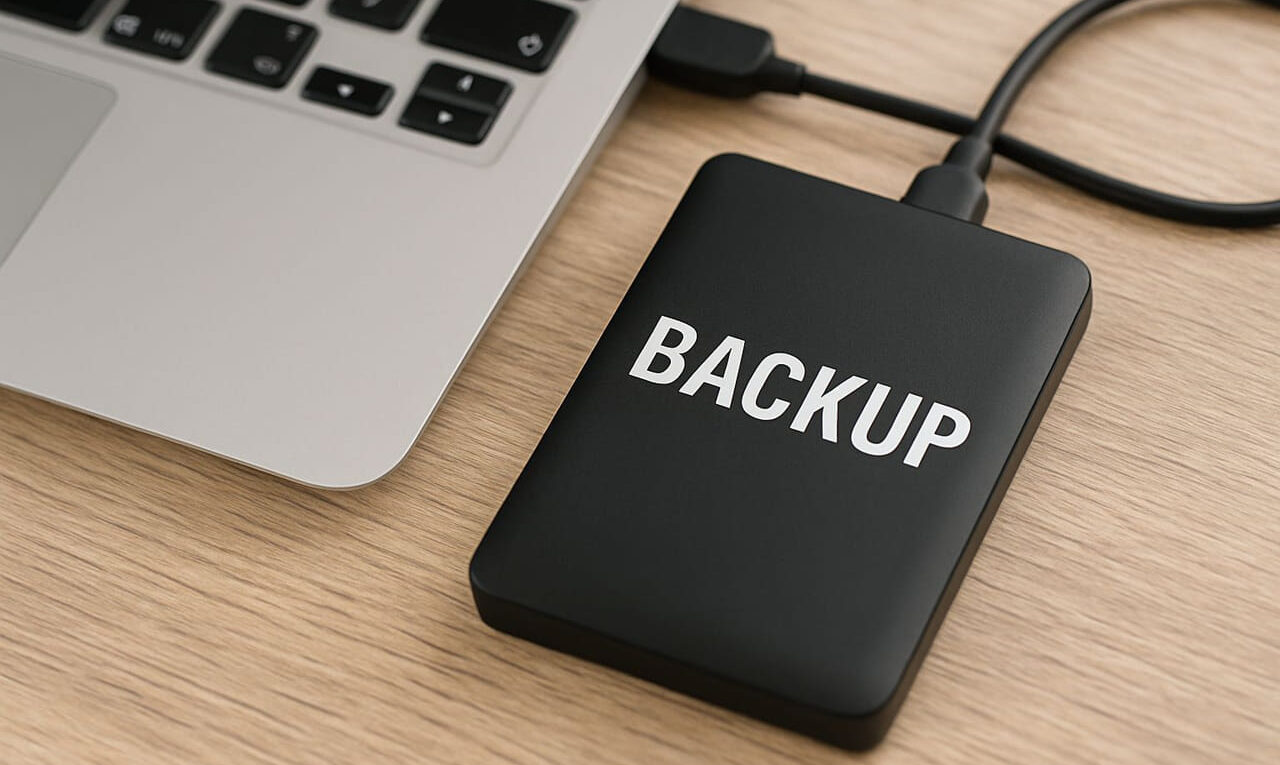 xterne Festplatte mit Aufschrift „Backup“ neben Laptop – Symbolbild für Backup-Programme