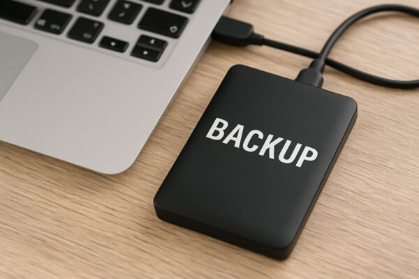 Backup-Programme: So sicherst du deine Daten zuverlässig xterne Festplatte mit Aufschrift „Backup“ neben Laptop – Symbolbild für Backup-Programme