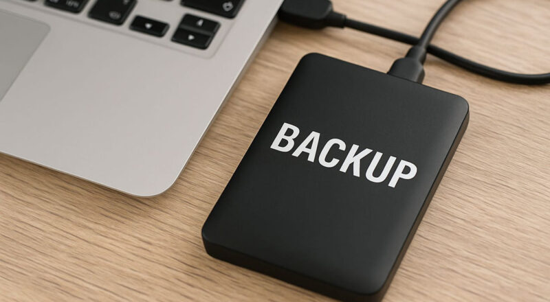 xterne Festplatte mit Aufschrift „Backup“ neben Laptop – Symbolbild für Backup-Programme