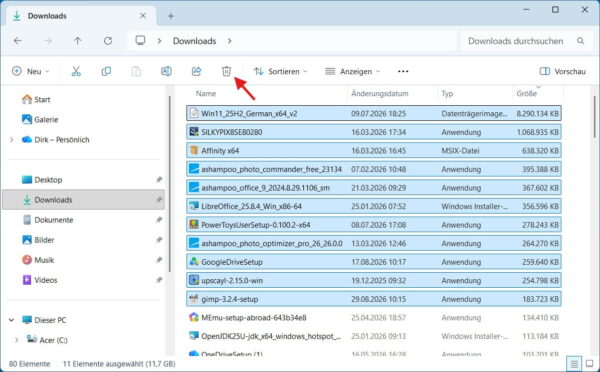 Markierte Downloads im Datei-Explorer von Windows 11 löschen