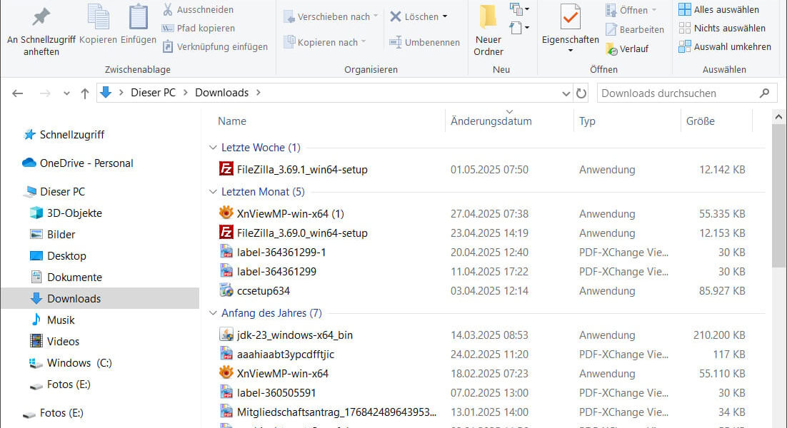 Windows Explorer mit geöffneter Download-Ansicht zum Löschen alter Dateien unter Windows