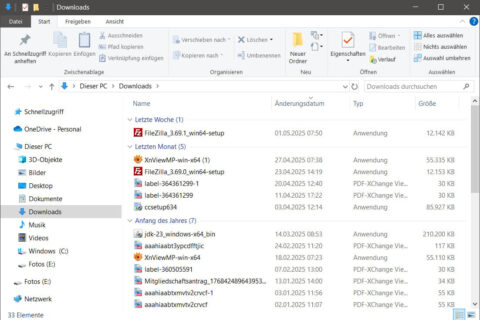 Windows Explorer mit geöffneter Download-Ansicht zum Löschen alter Dateien unter Windows