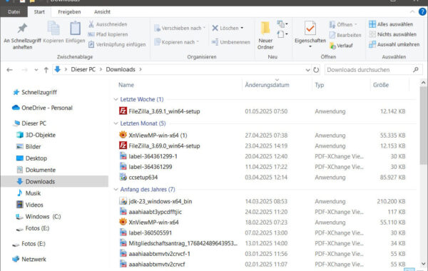 Windows Explorer mit geöffneter Download-Ansicht zum Löschen alter Dateien unter Windows