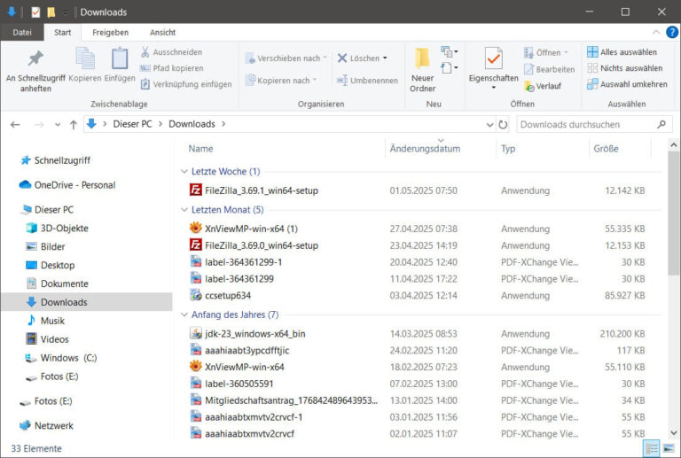 Windows Explorer mit geöffneter Download-Ansicht zum Löschen alter Dateien unter Windows