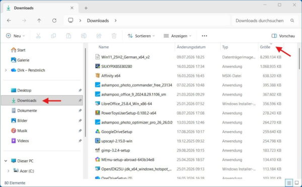 Download-Ordner in Windows 11 nach Dateigröße sortiert