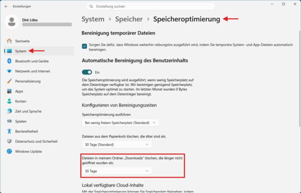 Speicheroptimierung für Downloads unter Windows 11 einstellen