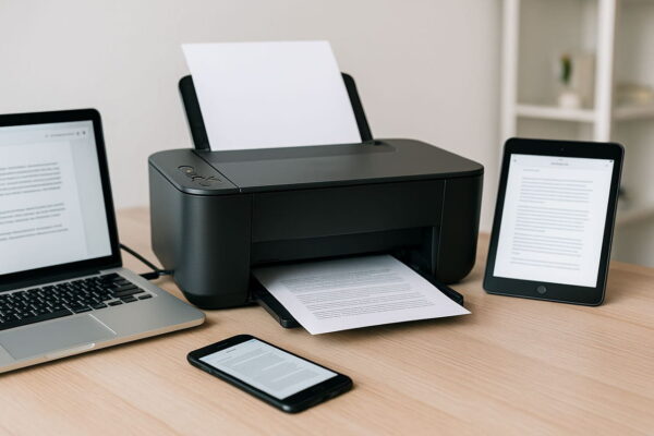 Drucker anschließen: So klappt’s mit Laptop, Smartphone und WLAN Moderne Drucker mit USB-, WLAN- und App-Anbindung auf einem Schreibtisch, verbunden mit Laptop, Tablet und Smartphone.